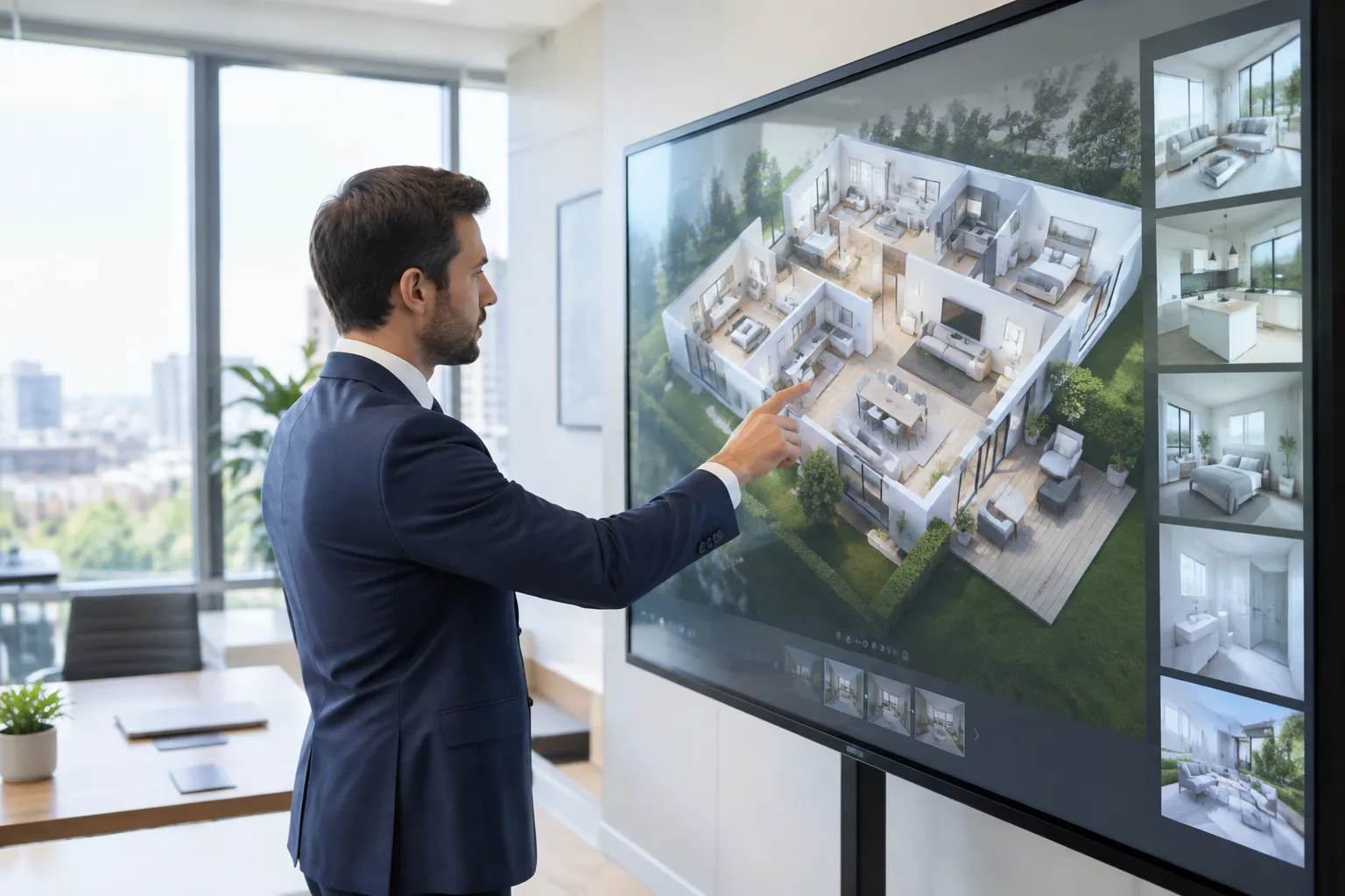 Un homme d'affaires examine un plan architectural détaillé sur un grand écran.