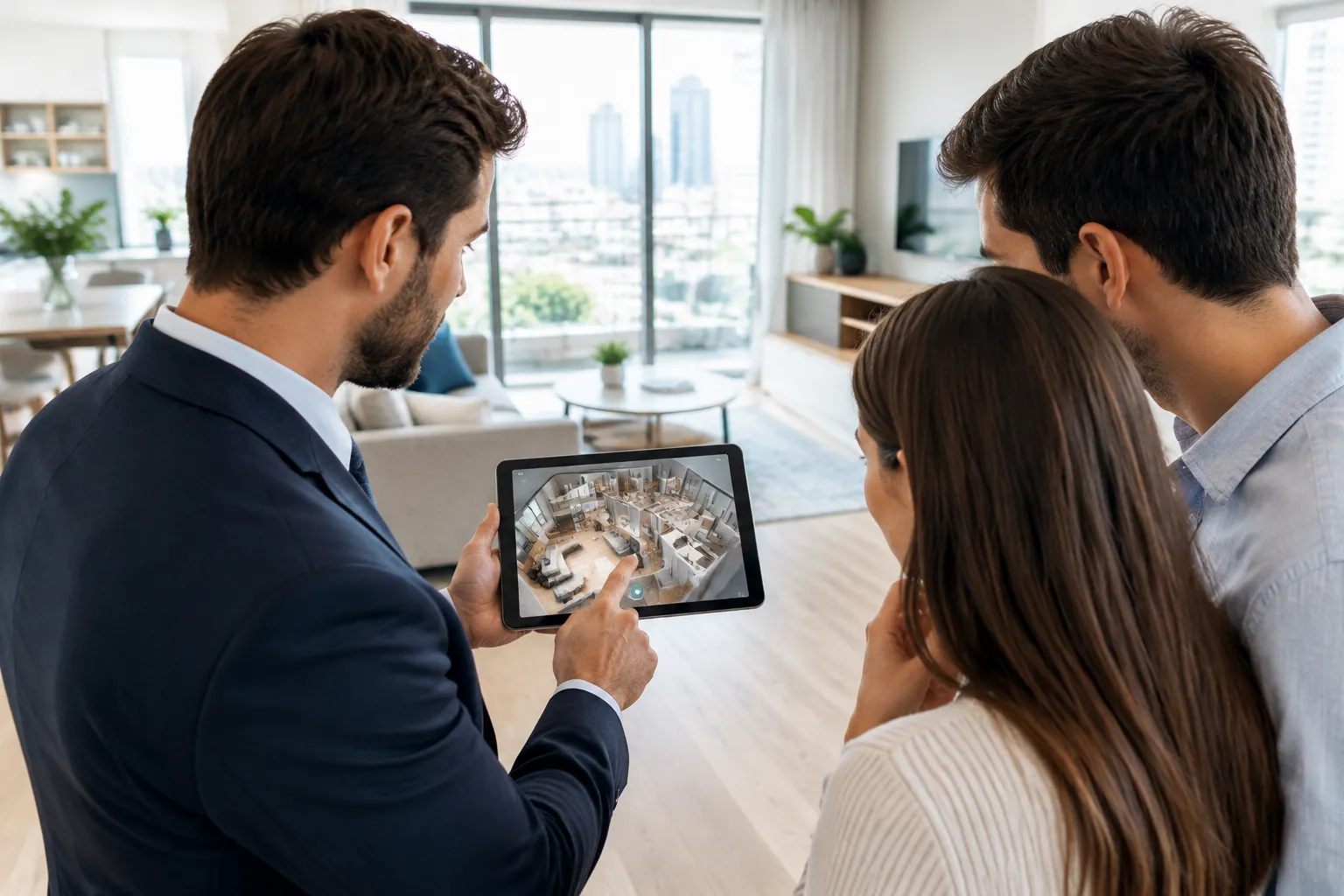 Couple d'agents immobiliers examinant un plan d'appartement sur une tablette.