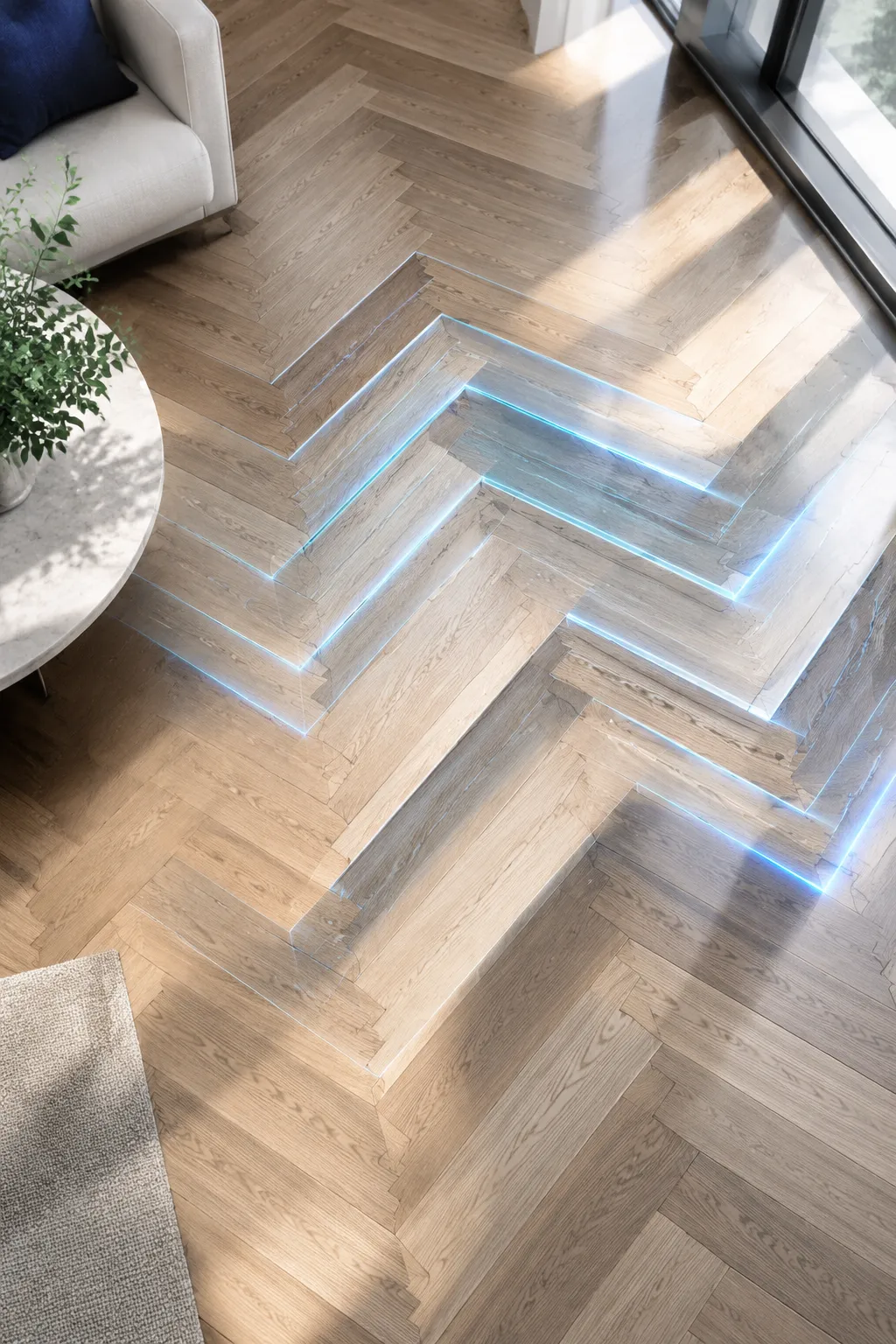 Parquet en bois clair avec motif géométrique en verre.