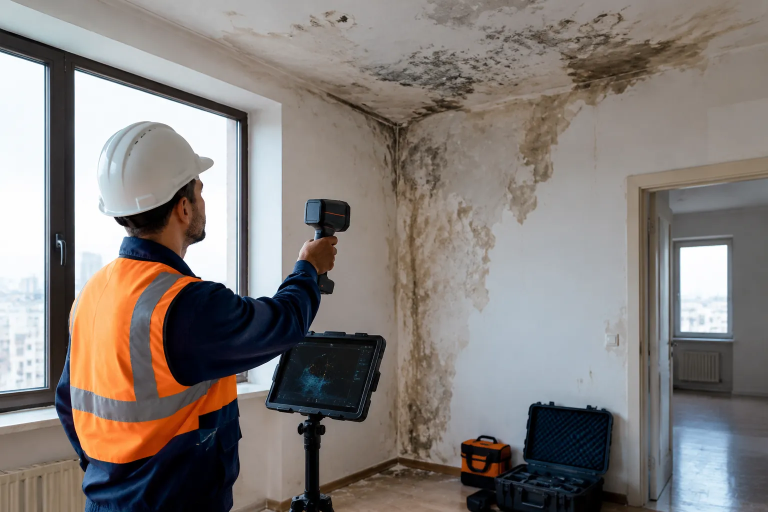 Inspecteur en casque détectant des moisissures murales avec caméra thermique