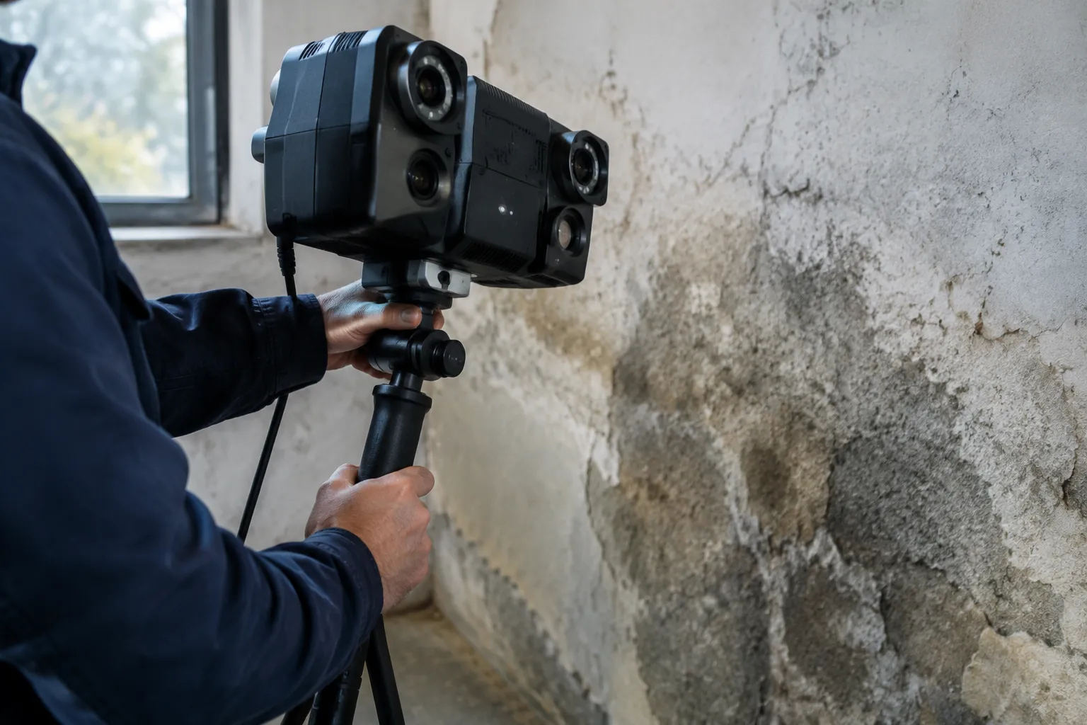 Technicien utilisant une caméra thermique sur mur humide.