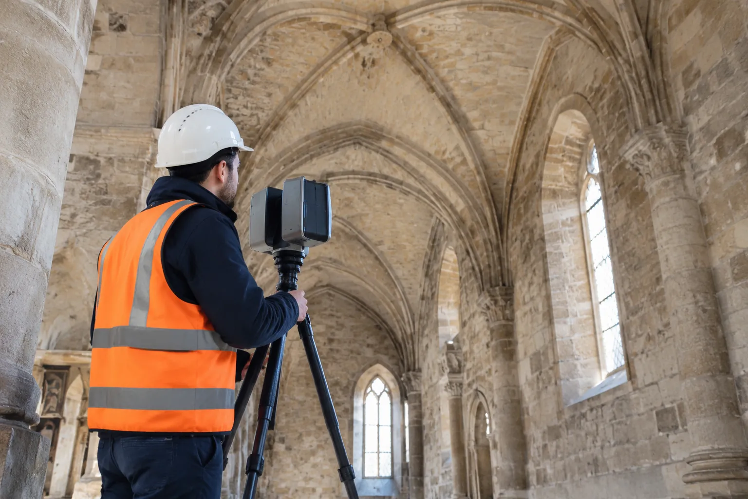 Géomètre en gilet orange numérisant une église médiévale voûtée