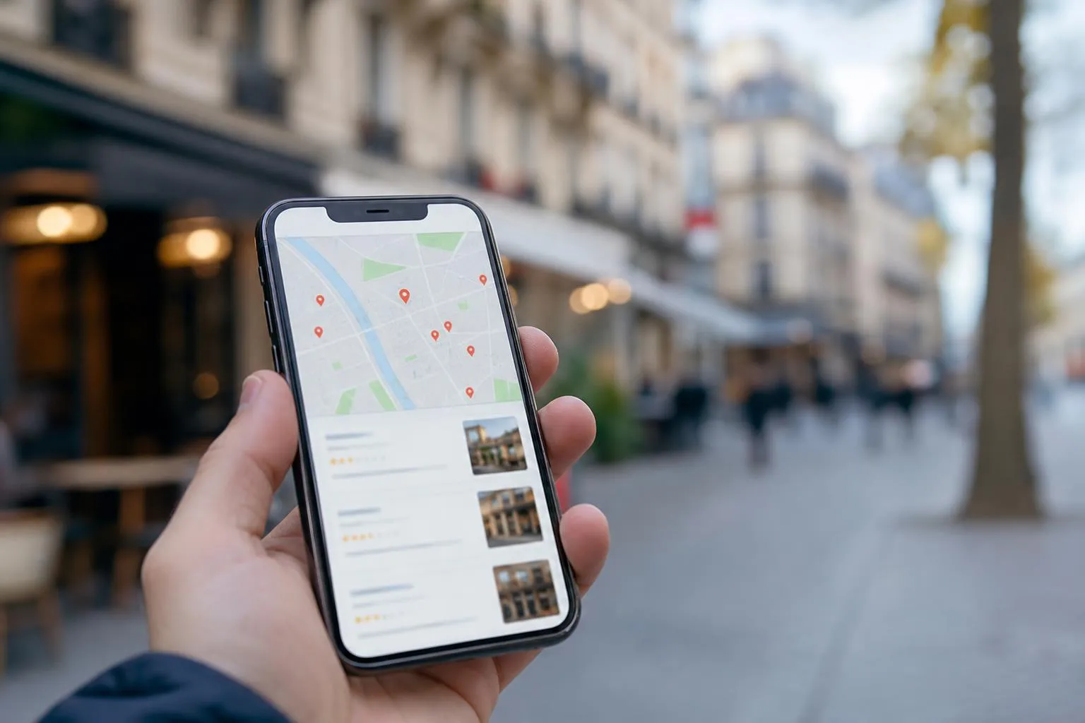 Smartphone affichant une application de géolocalisation dans une rue animée.