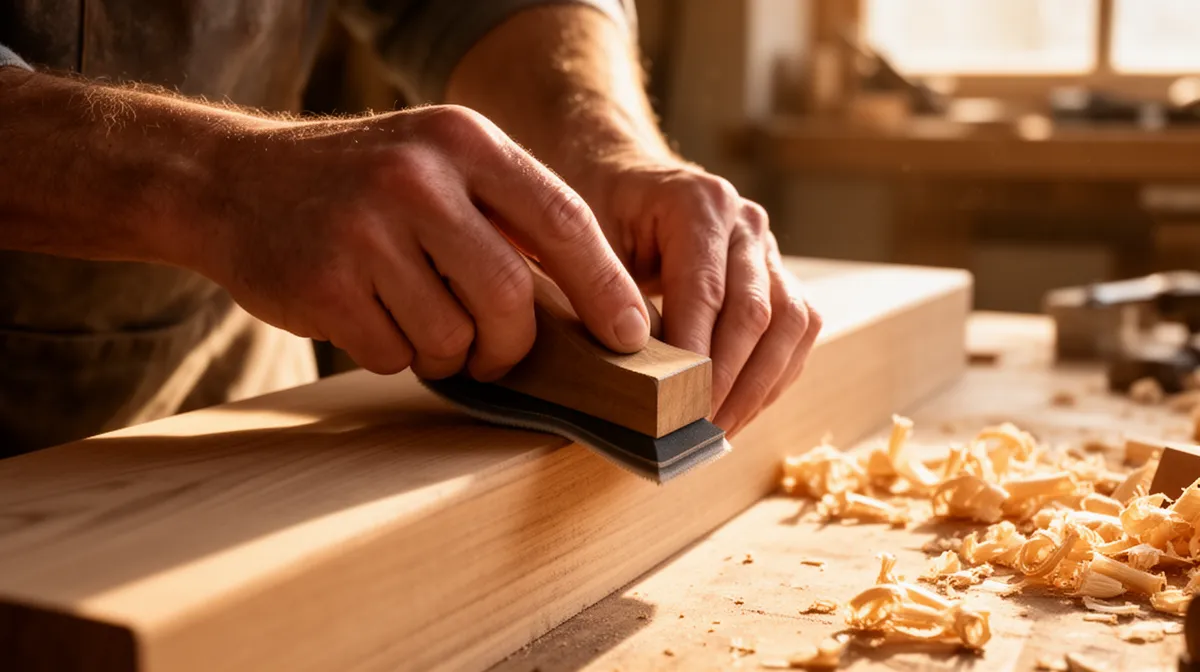 Mains d'un artisan travaillant le bois avec un outil de ponçage.