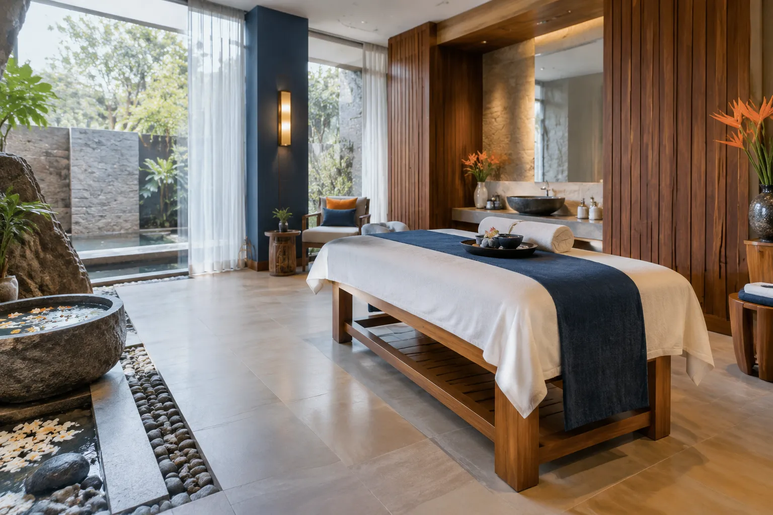 Spa luxueux avec table de massage, bois et bassin intérieur
