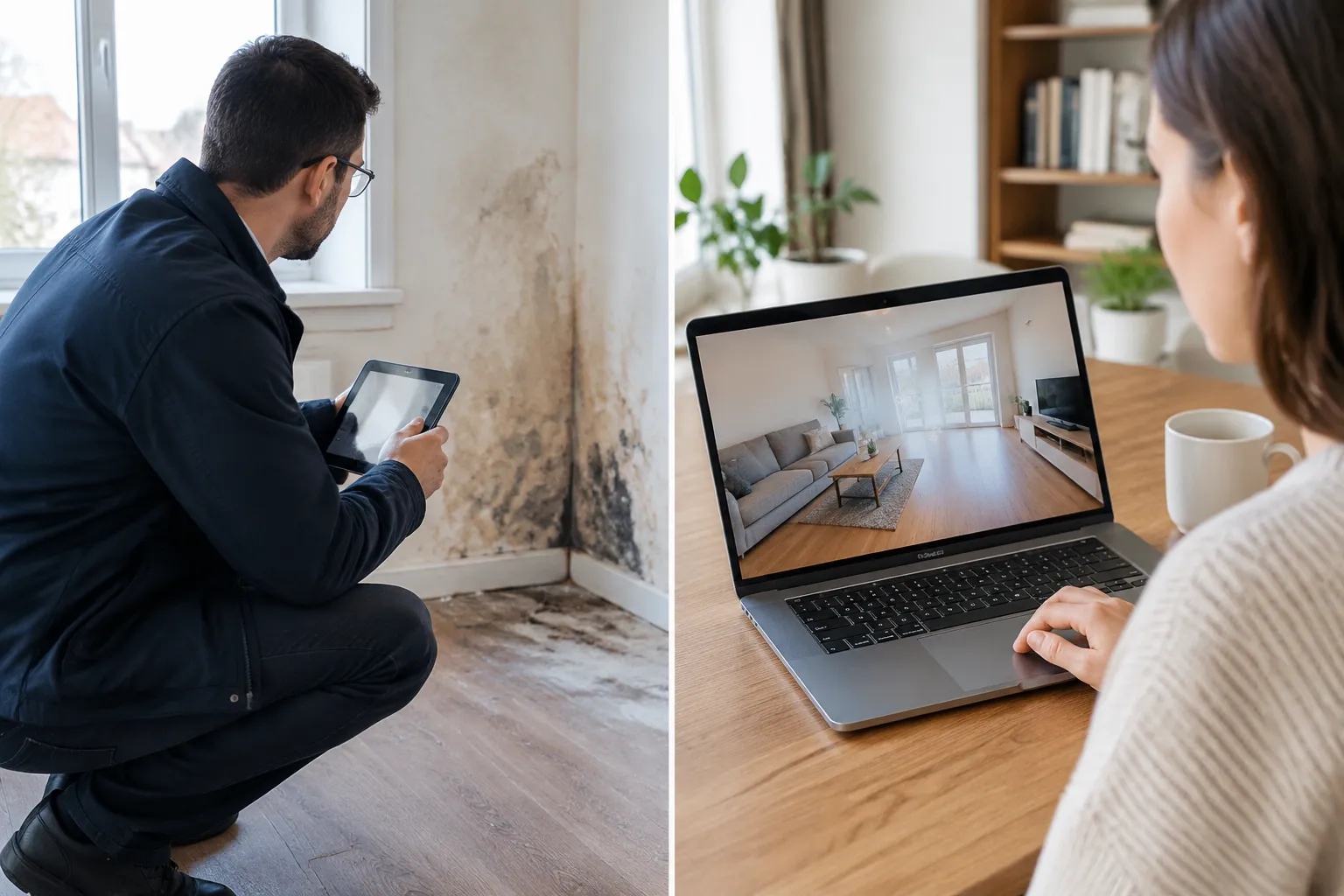 Inspecteur examine moisissures, propriétaire consulte visite virtuelle immobilière