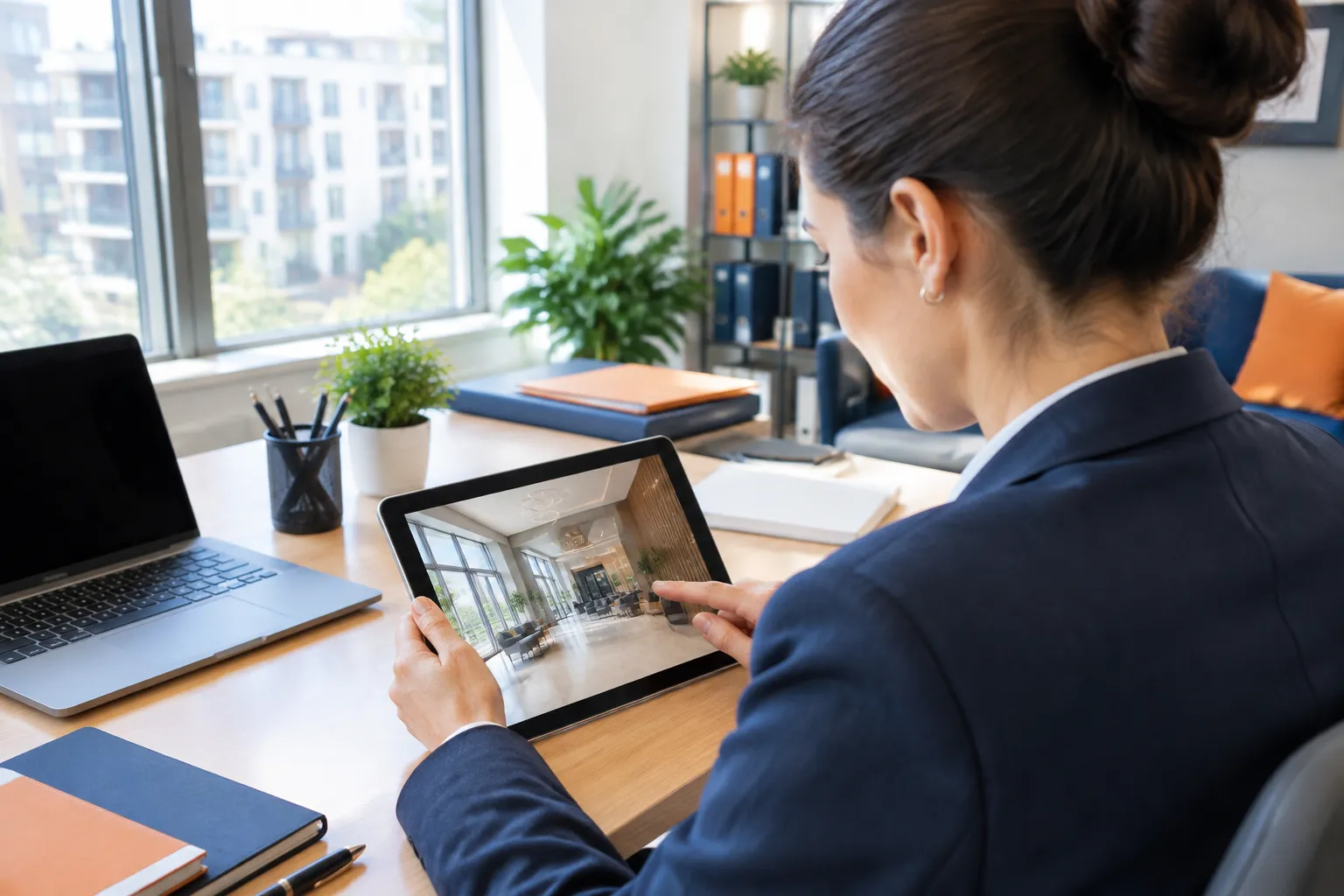 Architecte consultant un plan d’intérieur sur tablette au bureau