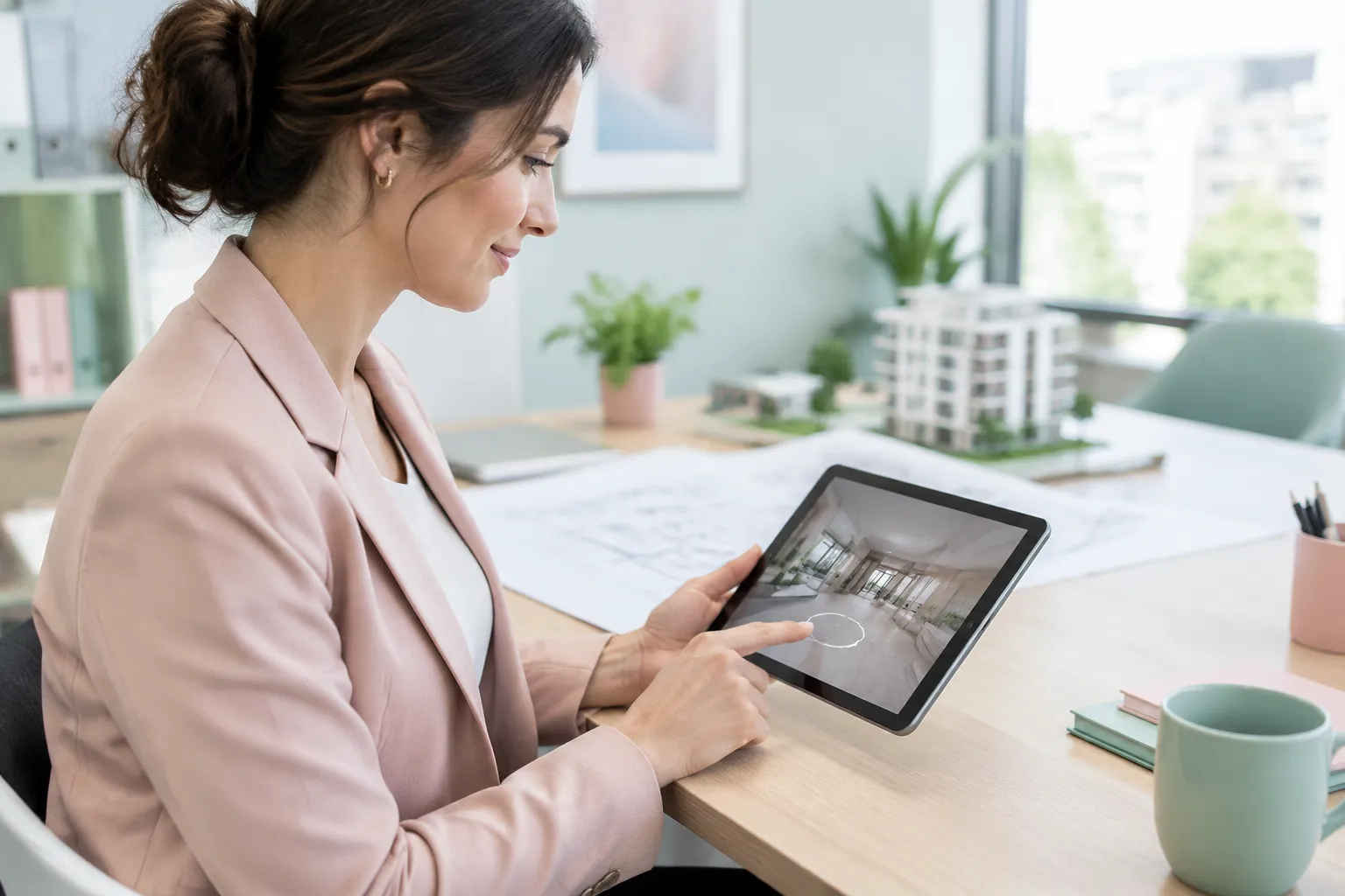 Femme consultant une tablette affichant un intérieur moderne au bureau