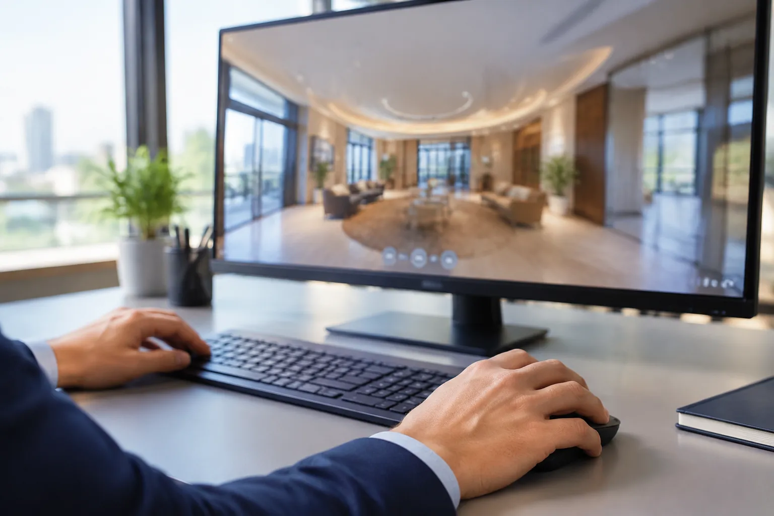 Architecte naviguant une visite virtuelle immobilière sur ordinateur.