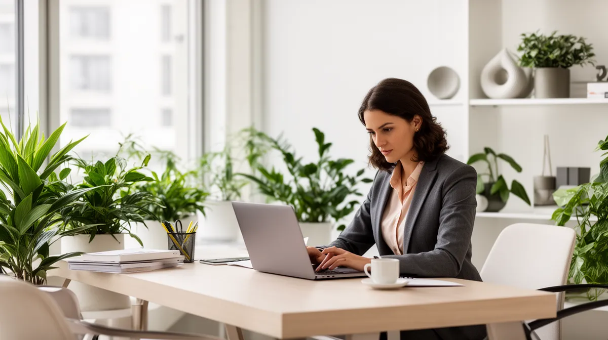 Femme d'affaires travaillant sur un ordinateur portable dans un bureau moderne.