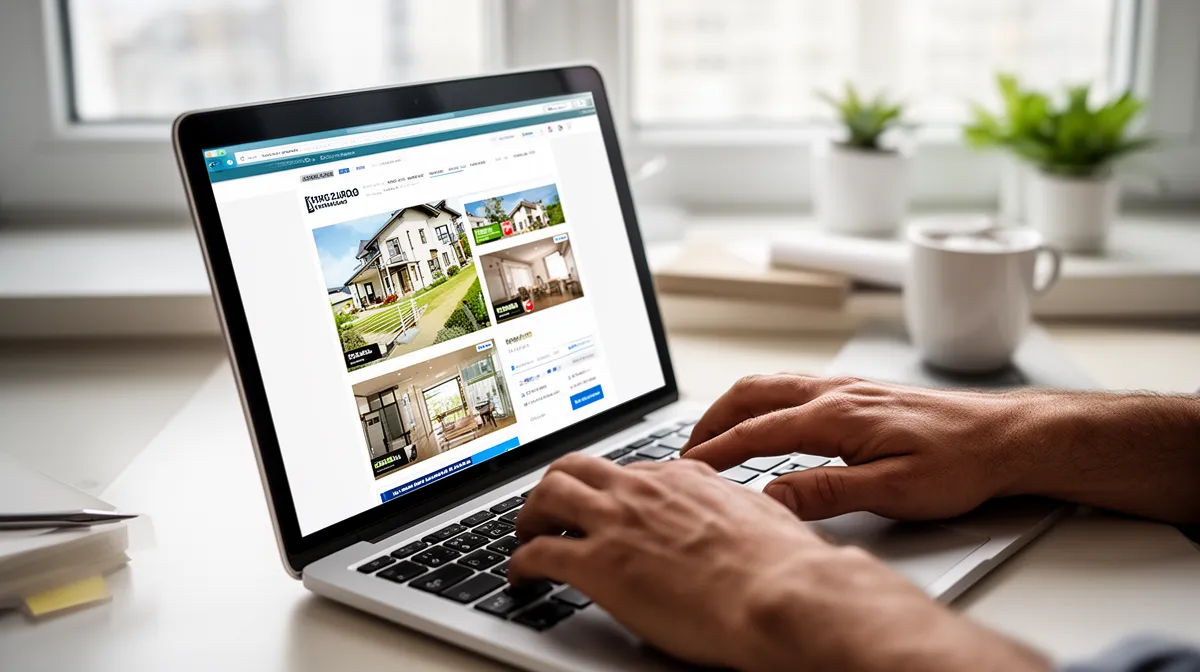 Ordinateur portable affichant une annonce immobilière avec des photos de la propriété.