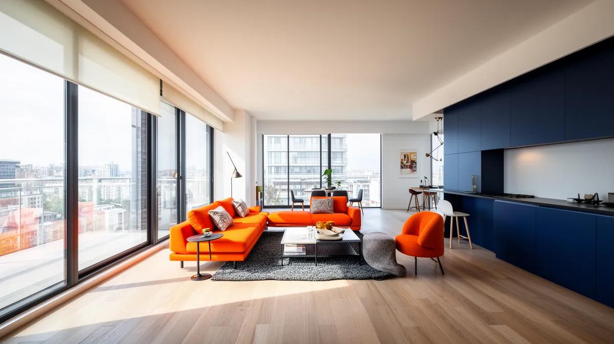Appartement moderne avec canapé orange vif, cuisine bleue et vue panoramique.