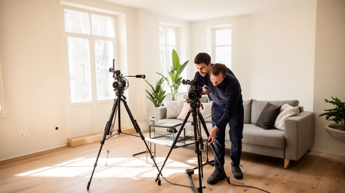 Deux hommes installent des caméras vidéo dans un salon lumineux.