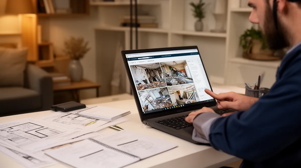 Un homme examine des plans et des images de dommages sur un ordinateur portable.