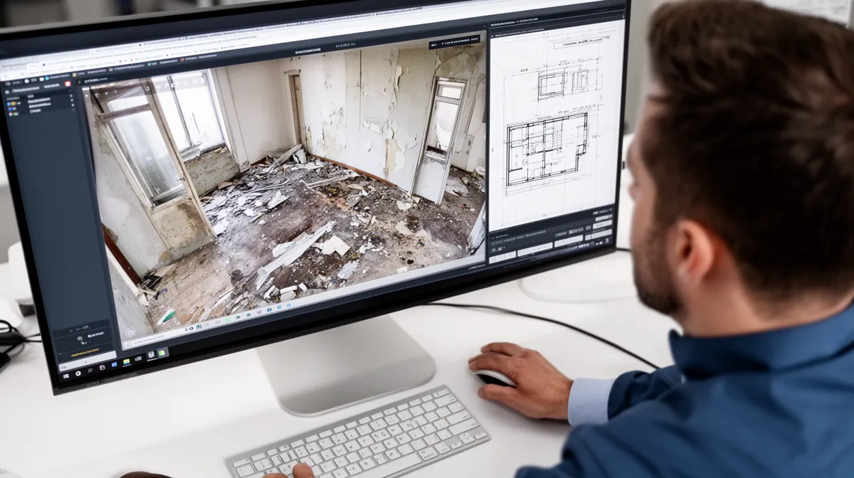 Pièce délabrée avec plans architecturaux sur ordinateur.