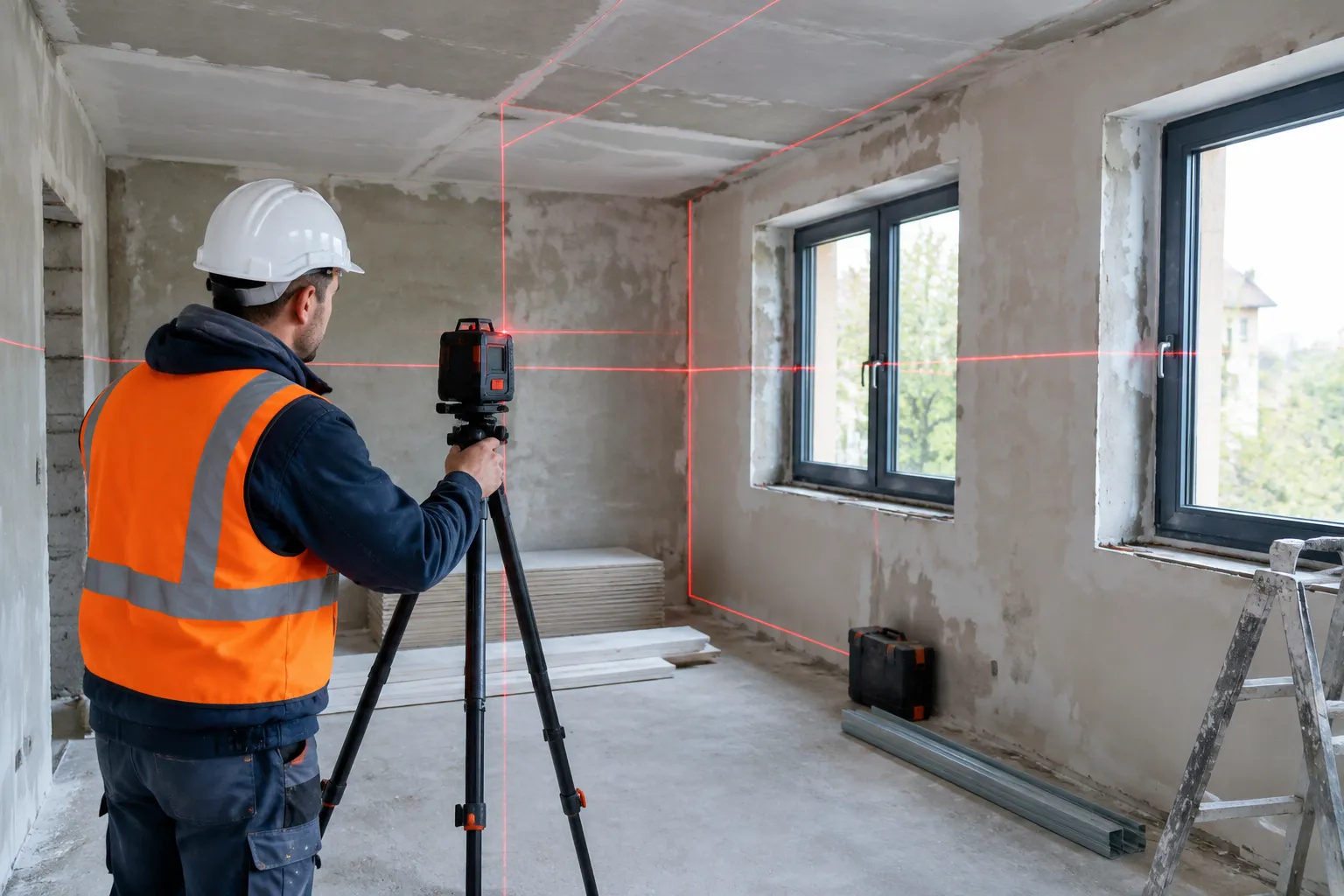 Ouvrier en gilet orange utilisant un laser à lignes croisées.