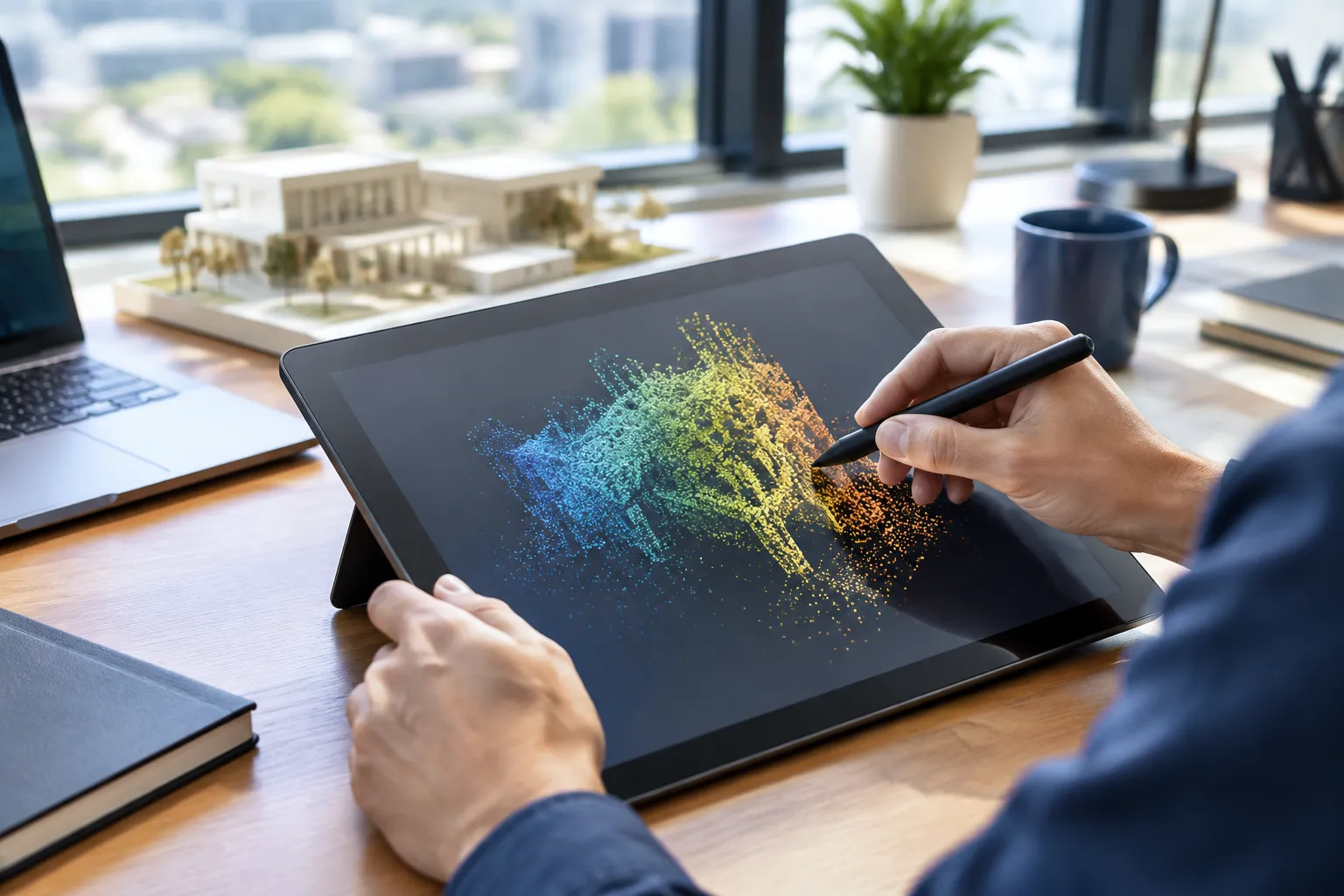 Designer utilisant un stylet sur tablette graphique colorée