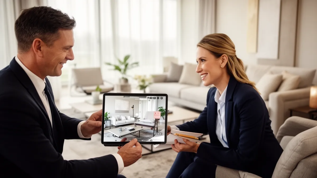 Deux professionnels discutent d'un projet immobilier sur une tablette numérique.