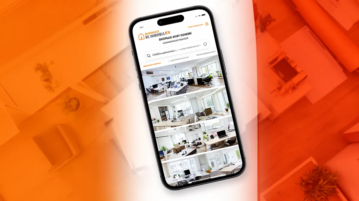 Smartphone affichant une application immobilière avec des photos d'un bureau moderne.