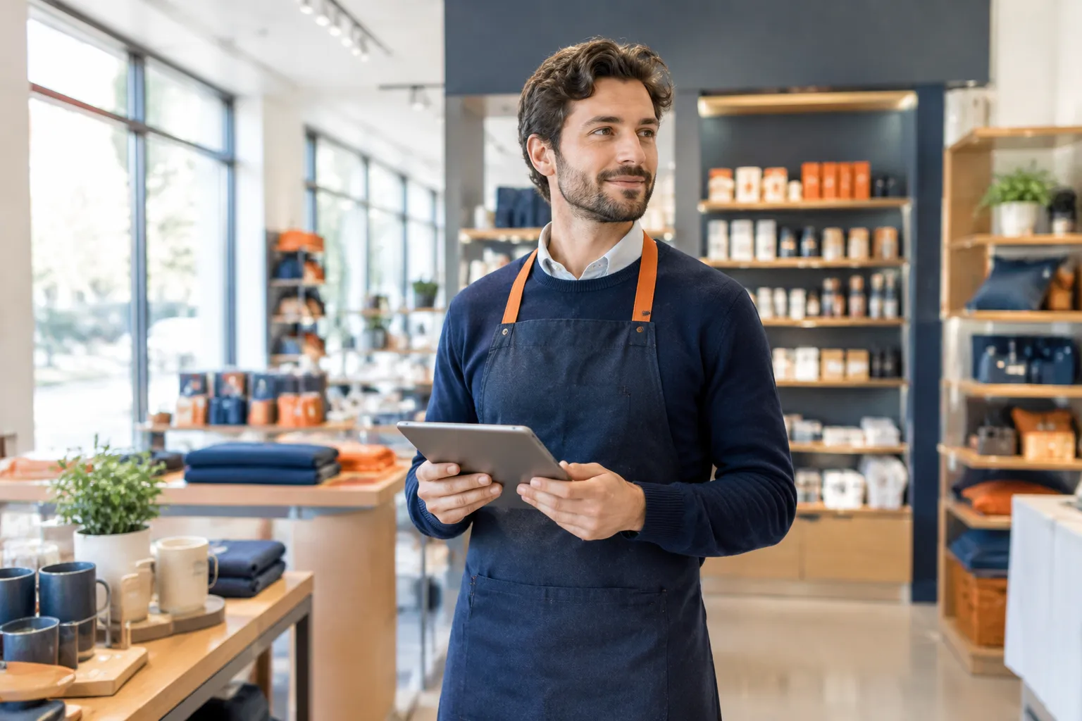 Vendeur souriant en tablier tenant une tablette dans une boutique.