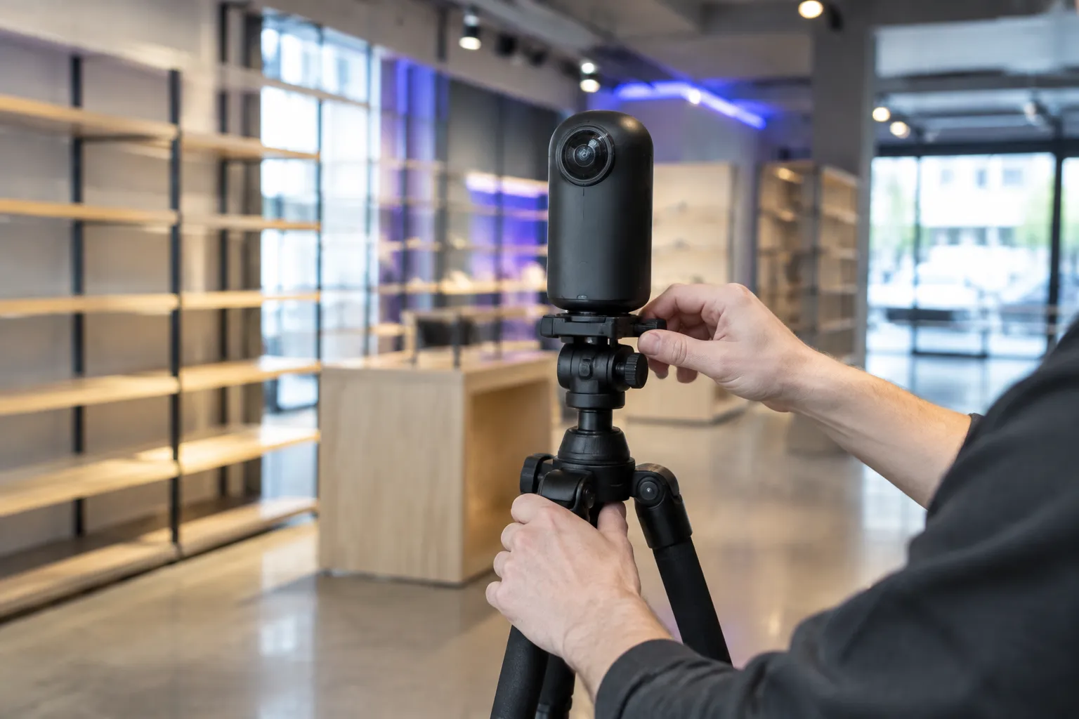 Personne réglant une caméra 360° sur trépied intérieur.