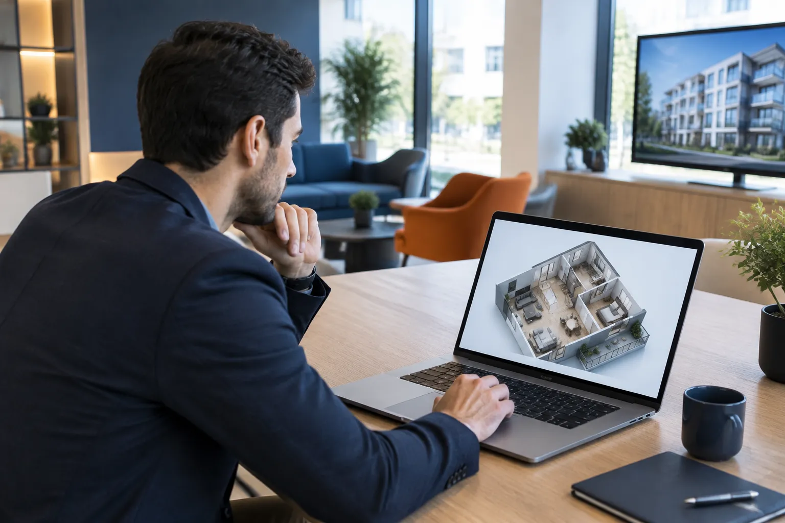 Agent immobilier consultant un plan 3D sur ordinateur portable
