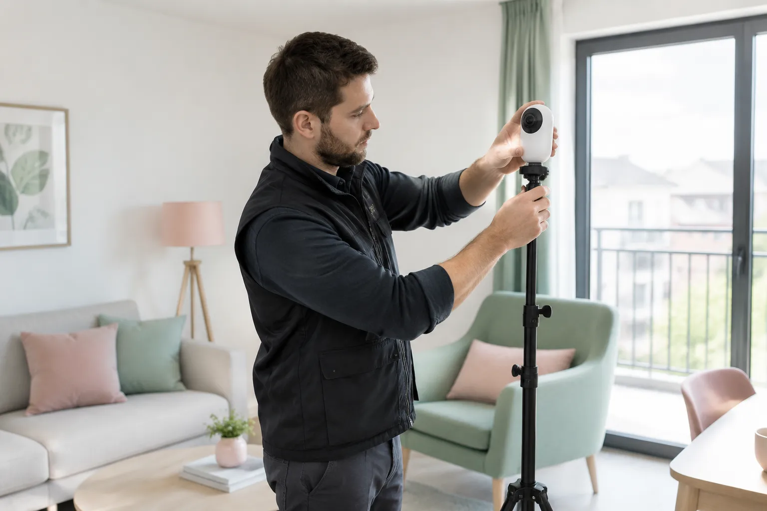 Homme installant une caméra sur trépied dans un salon lumineux