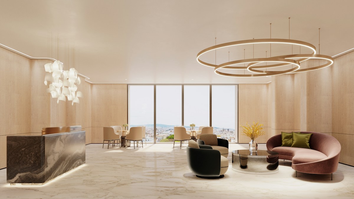 Hall d’accueil luxueux avec mobilier contemporain et vue panoramique urbaine