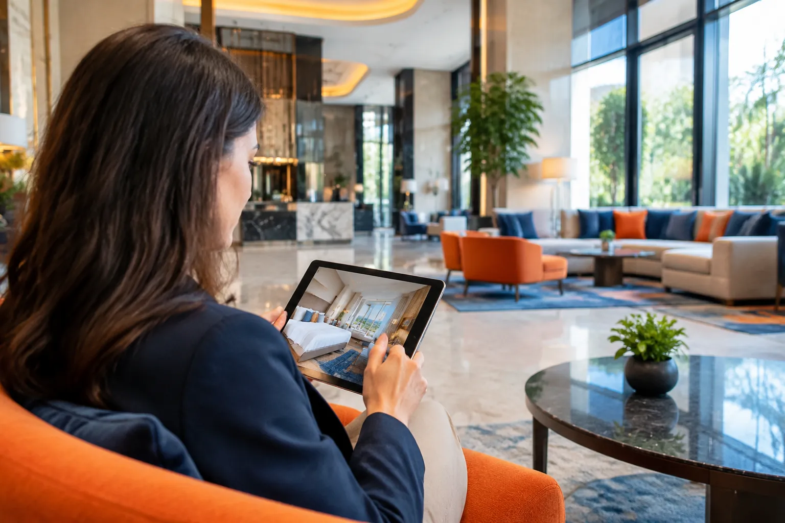 Femme consultant une tablette dans le hall luxueux d’un hôtel
