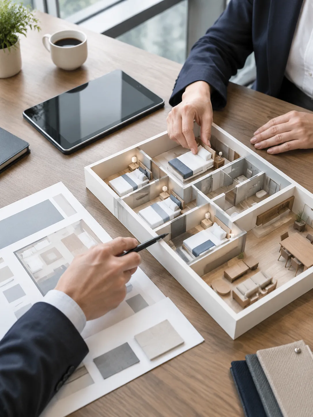 Architectes examinant une maquette détaillée d’aménagement intérieur résidentiel