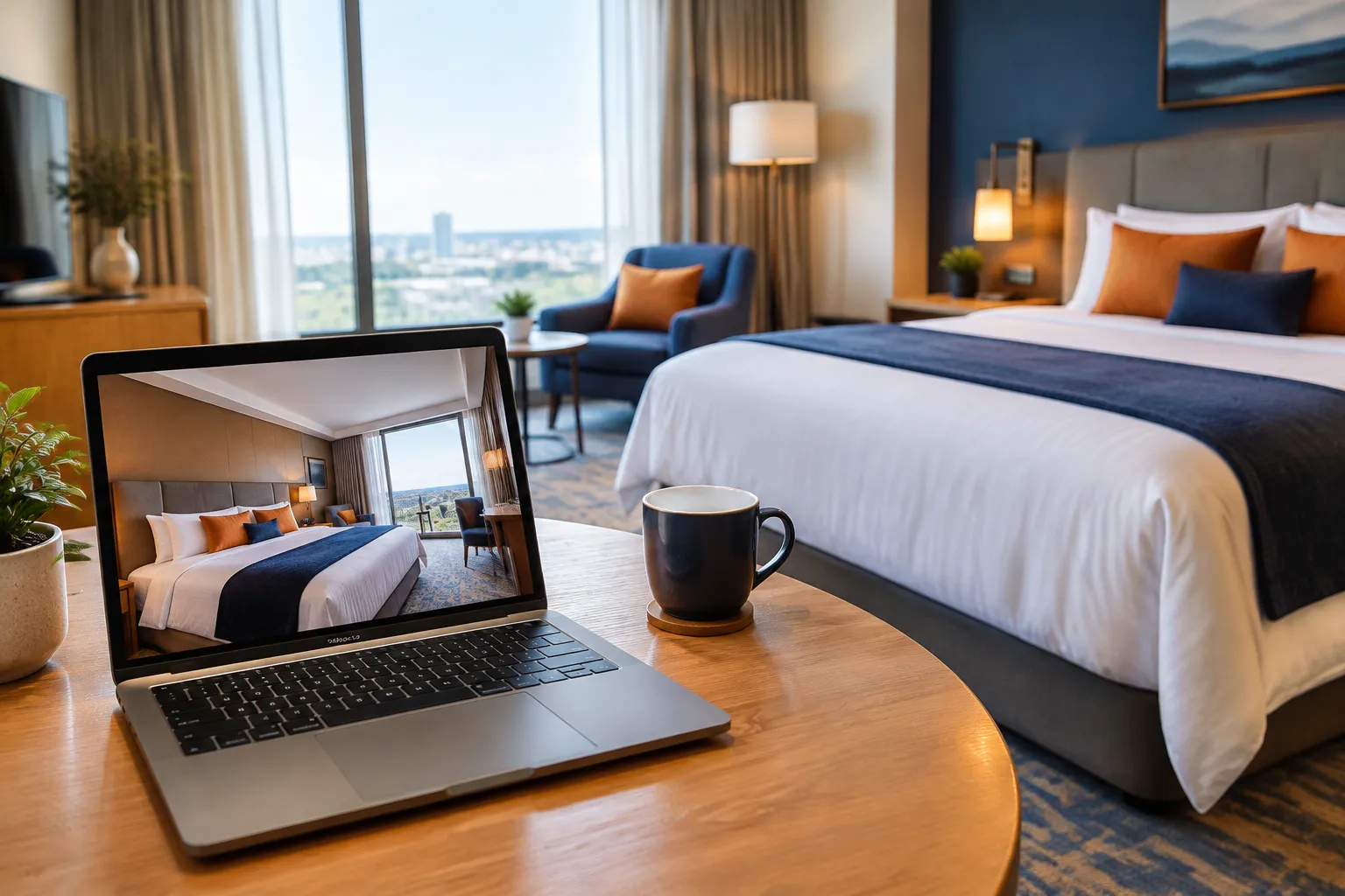 Chambre d’hôtel élégante avec ordinateur portable, lit et café