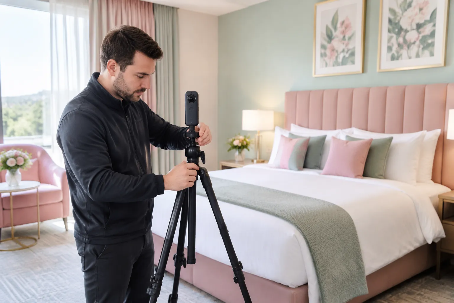 Homme installant une caméra 360° sur trépied dans une chambre d’hôtel