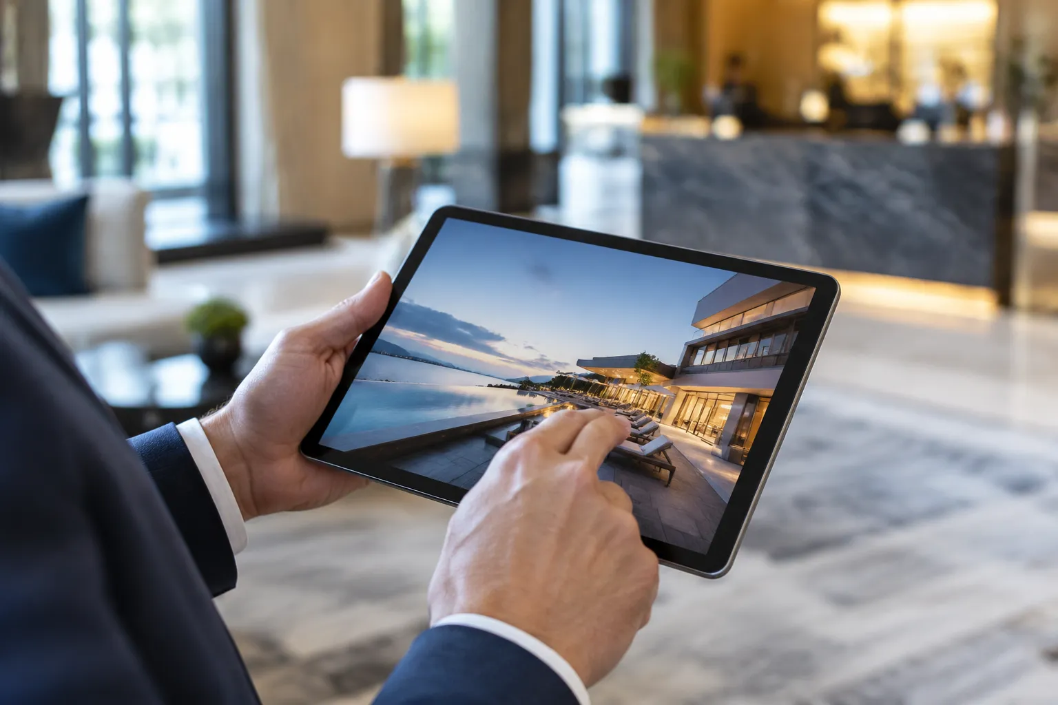 Homme consultant une tablette affichant un complexe hôtelier côtier