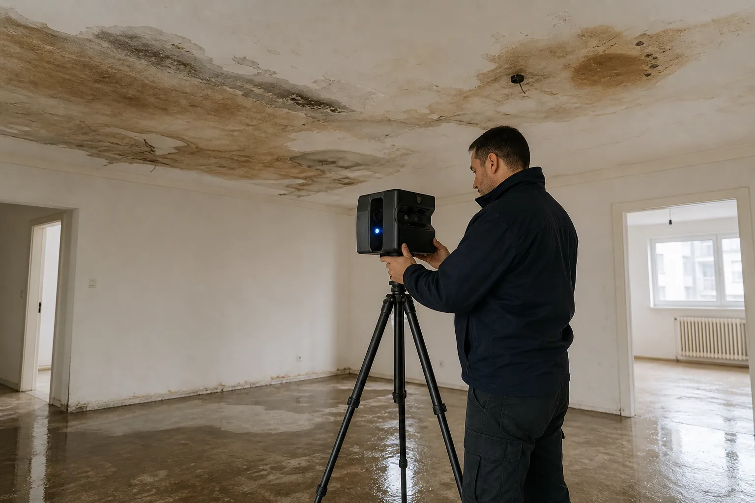 Homme utilisant un scanner 3D pour inspecter les dommages au plafond.