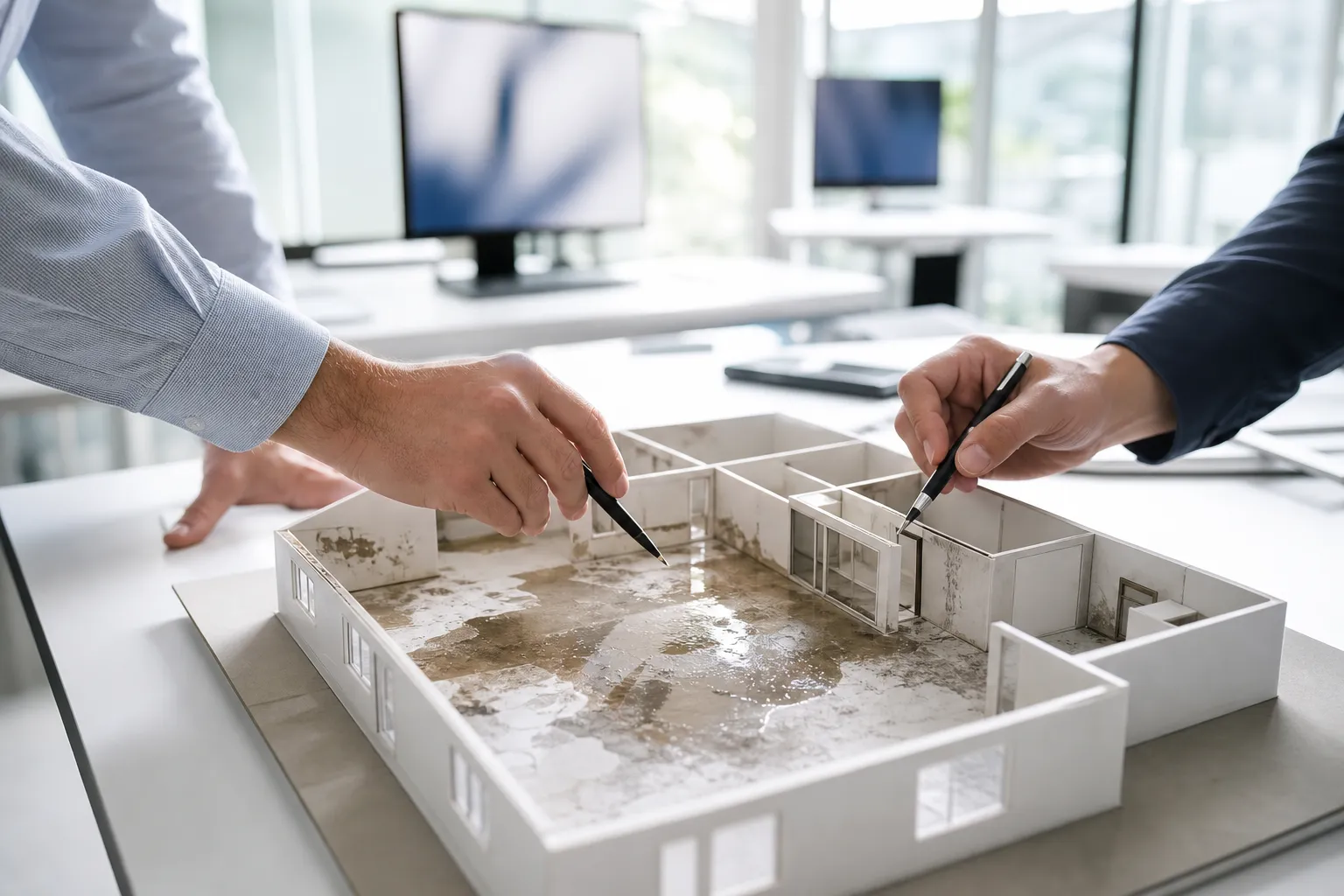 Maquette architecturale détaillée avec des mains examinant le modèle.