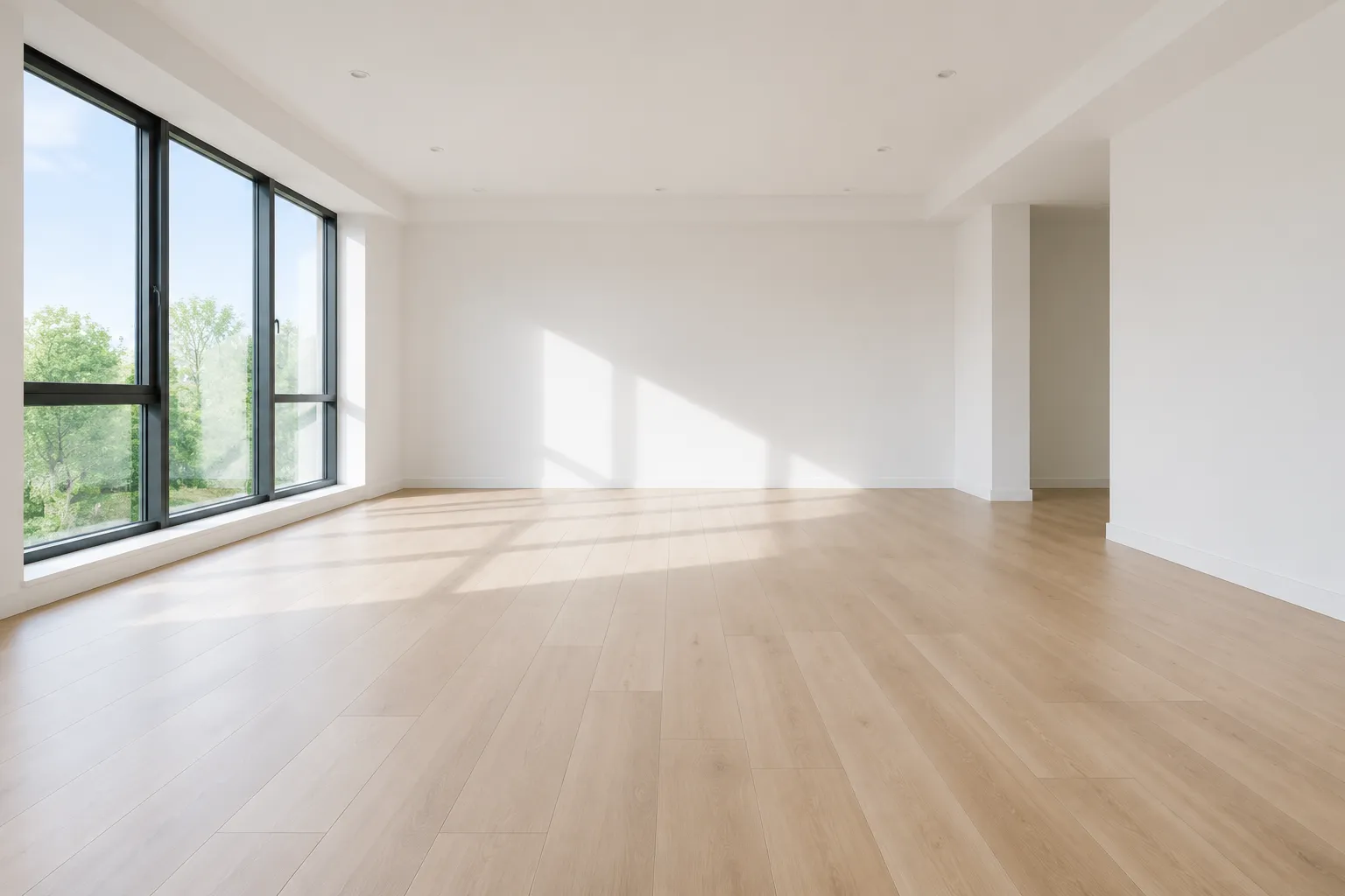 Vaste pièce lumineuse avec de grandes fenêtres et un parquet en bois clair.