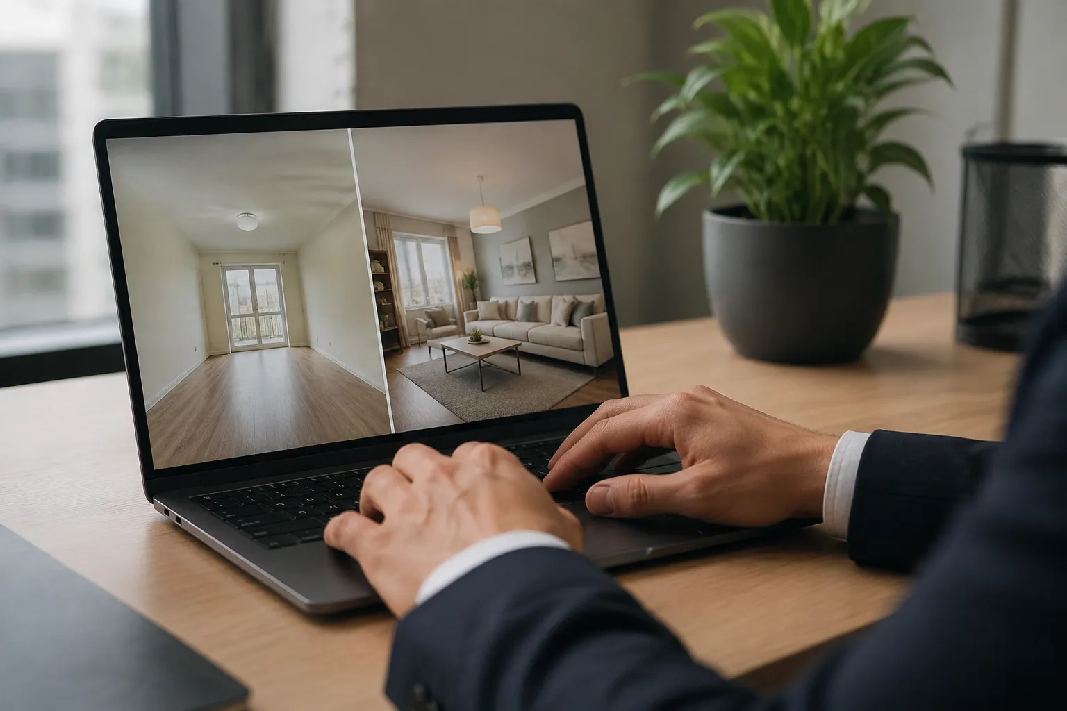Homme d'affaires consultant des images immobilières sur un ordinateur portable.