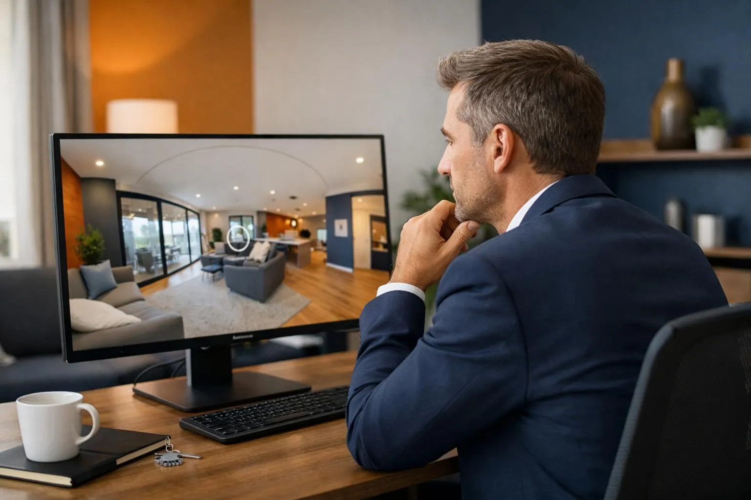Homme d'affaires examinant attentivement un intérieur de maison sur son ordinateur.