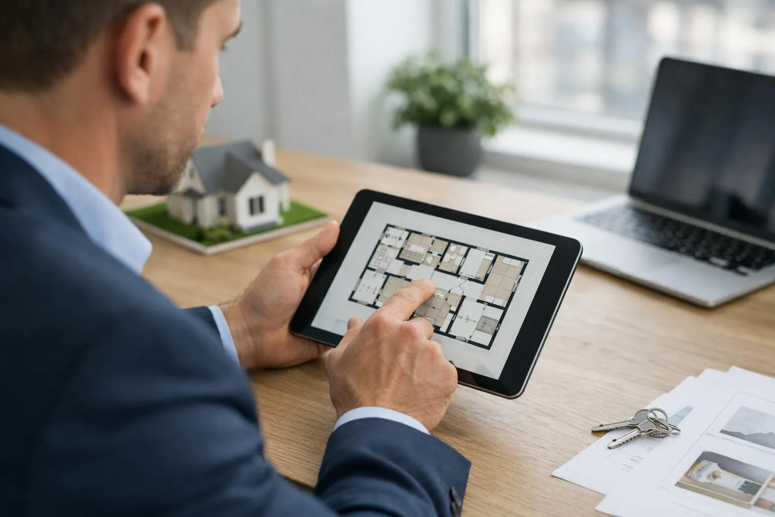 Homme d'affaires examinant les plans d'une maison sur une tablette numérique.