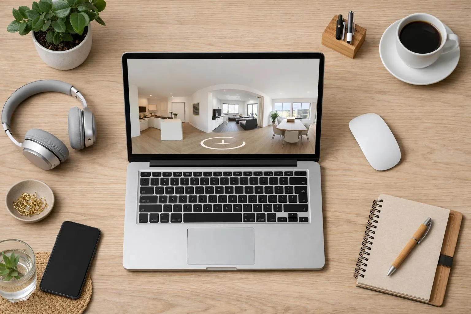Bureau de travail avec ordinateur portable, accessoires et plante verte.