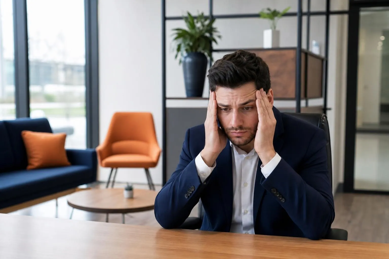 Homme d'affaires stressé, assis dans un bureau moderne.