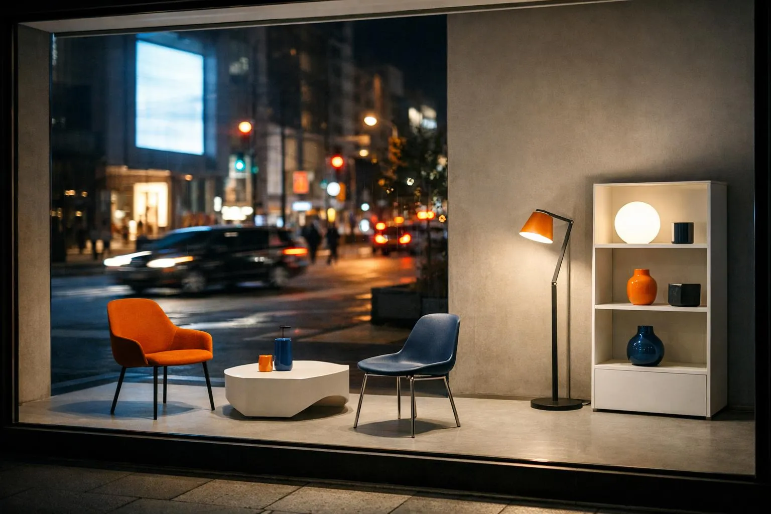 Salon moderne avec vue sur la ville animée la nuit.