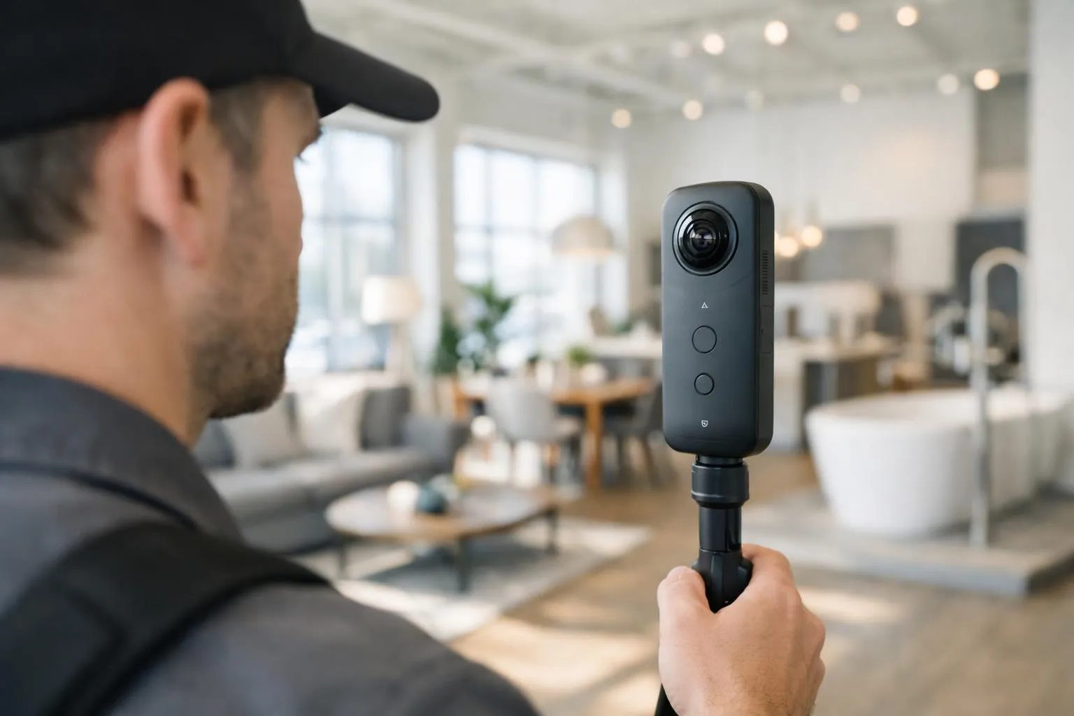Homme utilisant une caméra vidéo portable dans un espace de travail moderne.