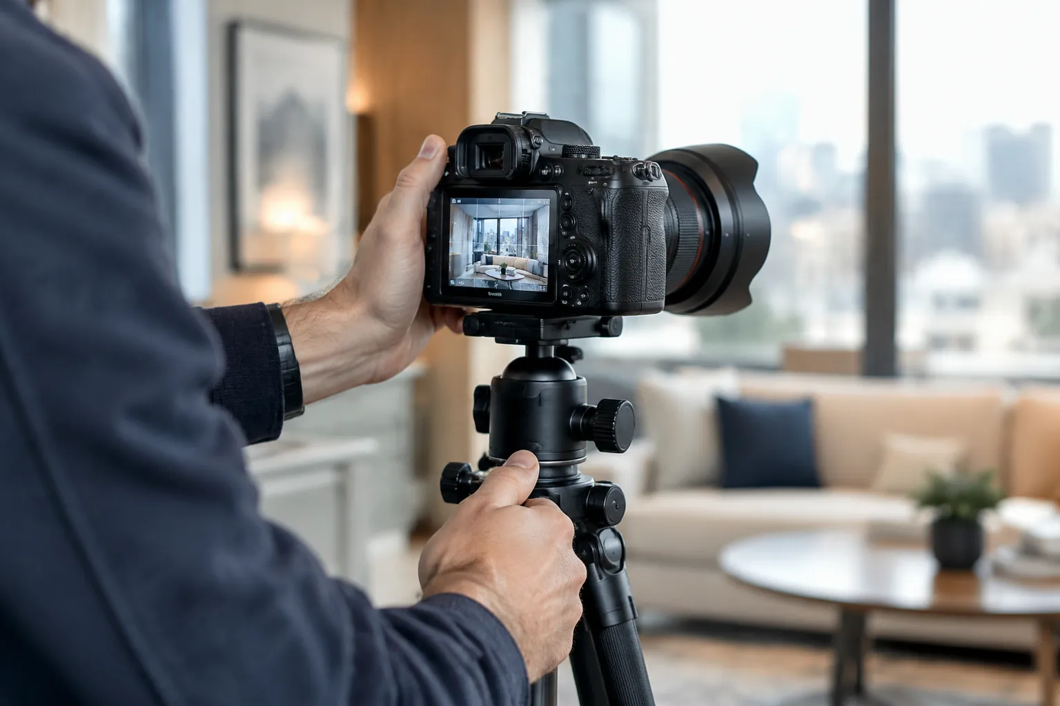 Photographe réglant un appareil reflex sur trépied dans un salon.
