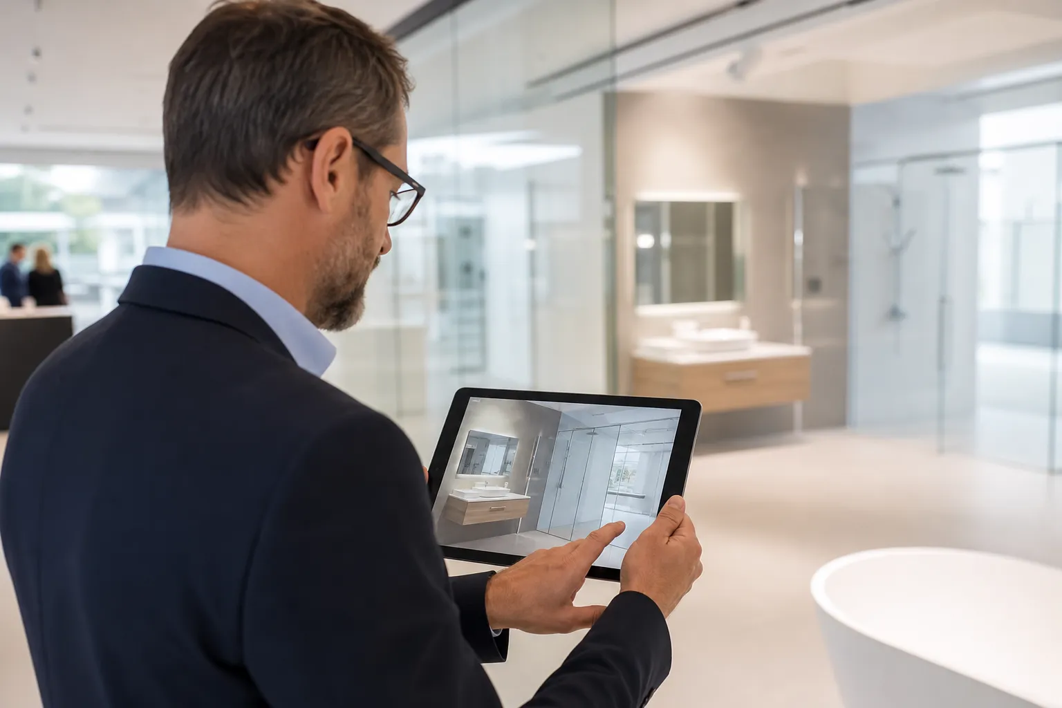 Un homme d'affaires examine un plan d'aménagement intérieur sur une tablette numérique.