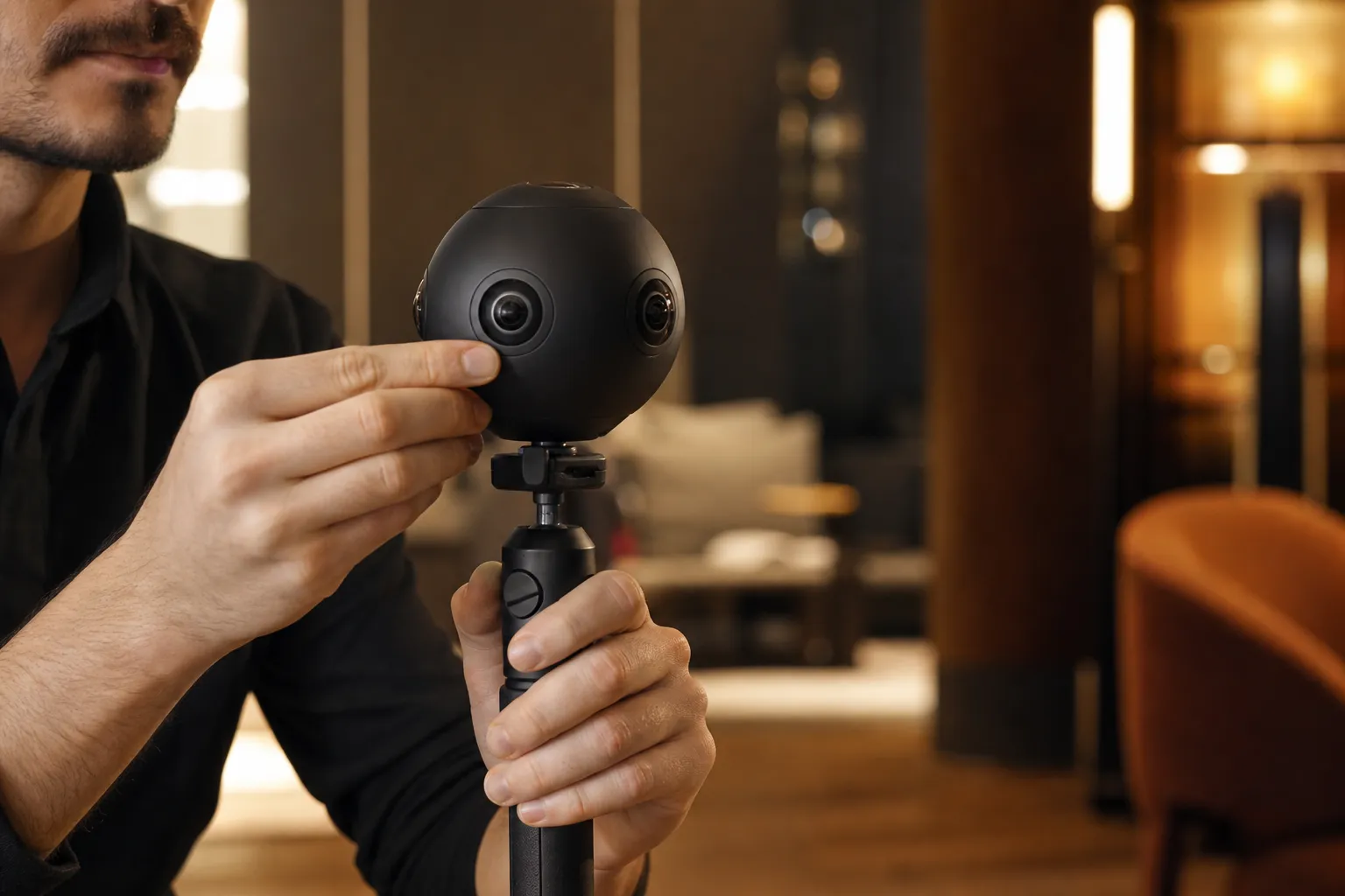 Homme tenant une caméra sphérique à 360 degrés.