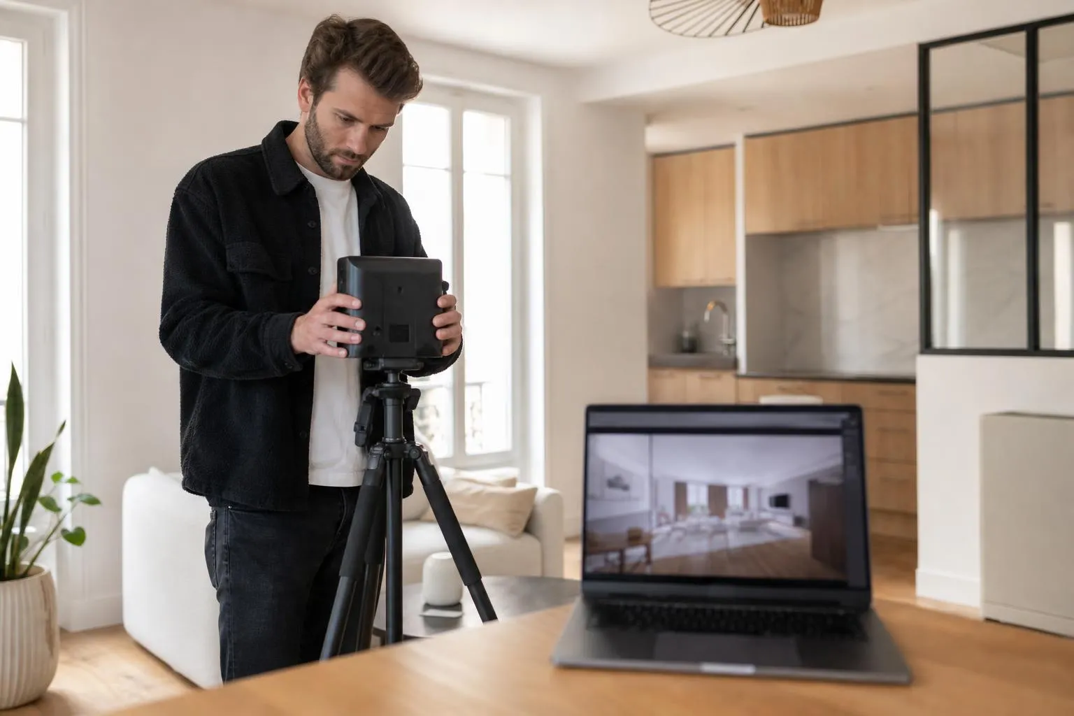 Homme en vêtements noirs prenant des photos avec un appareil photo sur trépied.