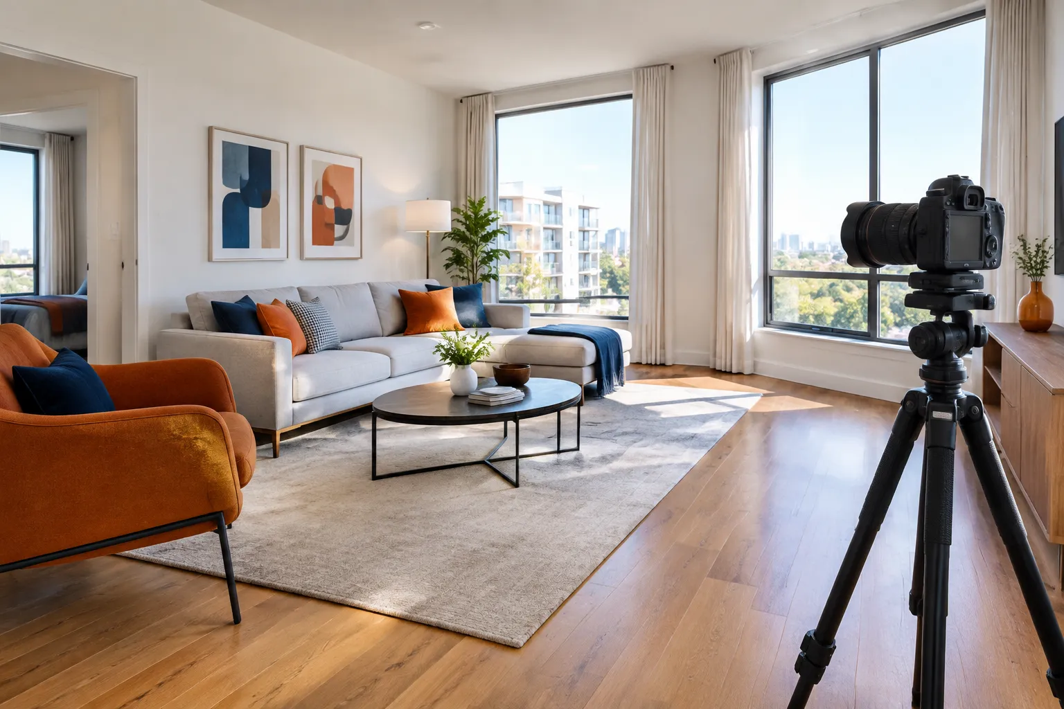 Salon moderne lumineux avec appareil photo sur trépied balayant la pièce