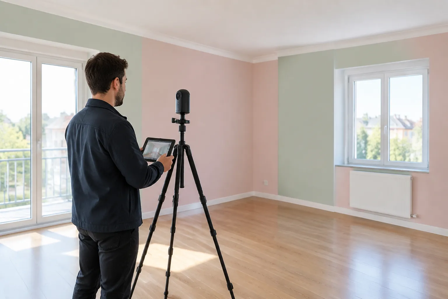 Homme utilisant une caméra 360° sur trépied dans un appartement vide