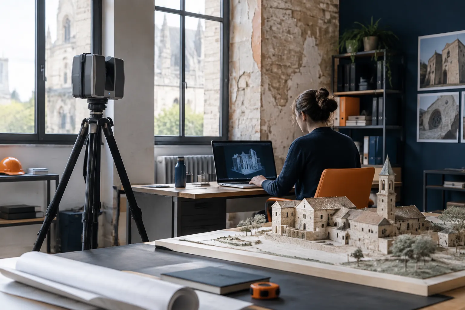 Architecte numérisant une maquette d’église avec scanner 3D.